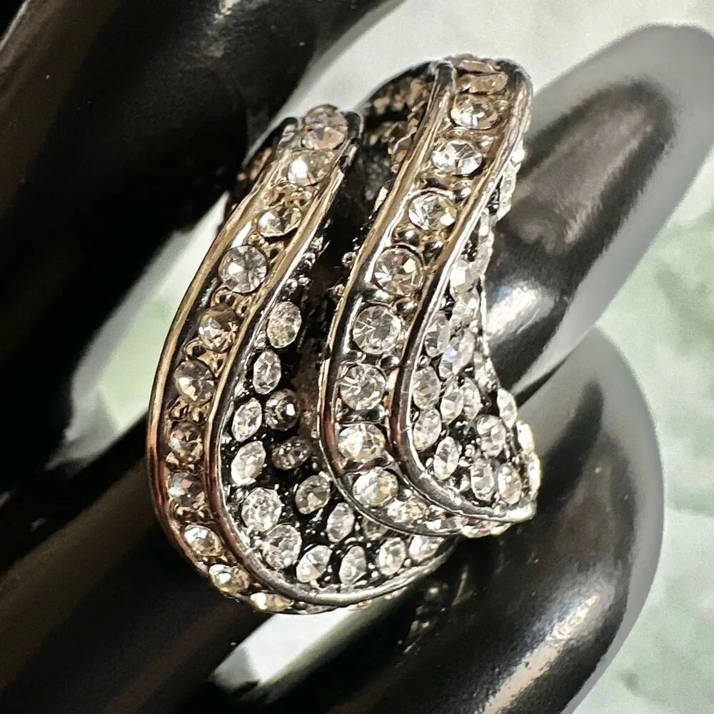 Silver-Tone Rhinestone Wave Statement Ring